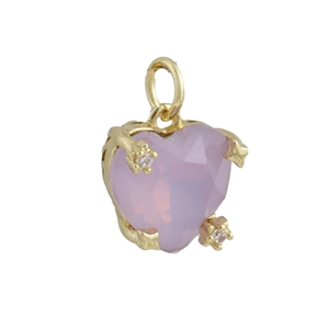 Detailed close-up of 18k gold plated heart pendant with pink gemstone and crystal accents
