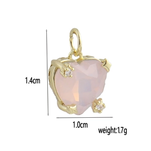Close-up of heart-shaped pink stone pendant in 18k gold plating with size dimensions
