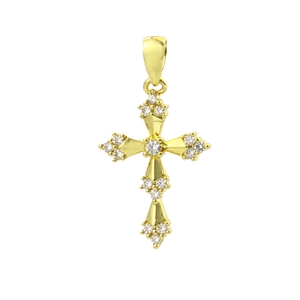 Vue macro d'un pendentif croix gothique plaqué or 18k avec douze zircons blancs ronds