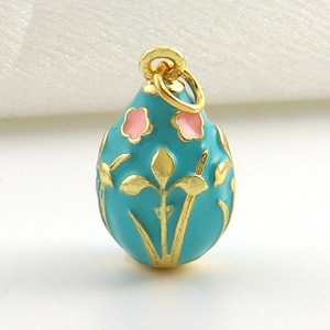 Blauwe emaille eivormige hanger met gouden bloemmotieven voor DIY sieraden maken