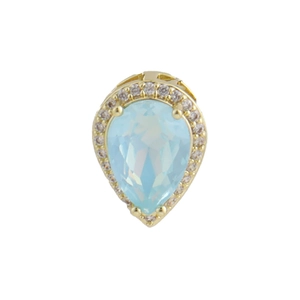 Close-up of a pear-shaped light blue stone pendant with gold plating and white stones