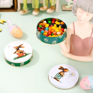 Vintage Easter bunny tin box with daisy pattern and colorful jelly bean storage