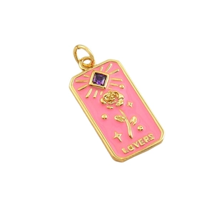 Pink enamel 18k gold plated rectangular pendant with rose relief and LOVERS text