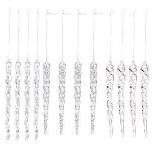 Set of 12 clear acrylic Christmas icicle ornaments with three distinct textures and silver strings