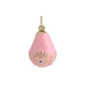 Close-up of pink enamel evil eye charm with 18k gold plating and eyelash details