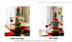 Close-up of knit Christmas wine bottle sweaters with festive holiday patterns and mini hats