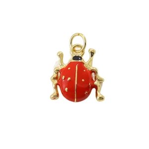 18k gold plated copper ladybug charm with red enamel and golden spots for jewelry DIY
