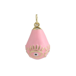 Pink enamel teardrop charm with evil eye detail and 18k gold plated ring clasp