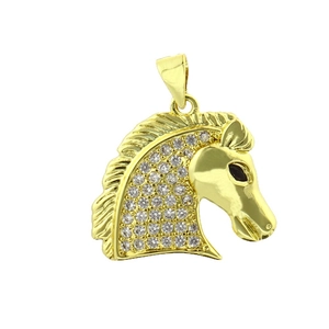 Pendentif tête de cheval plaqué or 18 carats avec pavé de zircons et œil en gemme noire