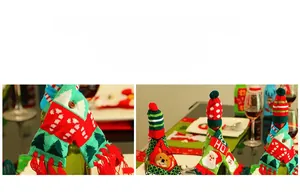 Close-up of Christmas wine bottle cover featuring knitted hats and scarves with festive patterns