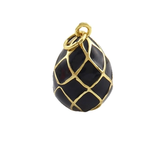 Black enamel Russian egg pendant with gold mesh texture and polished hanging loop