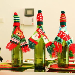 Christmas knitted mini hat and scarf set for wine bottle decoration with festive patterns