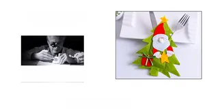 Close-up of a green felt Christmas tree cutlery holder with Santa Claus motif and star