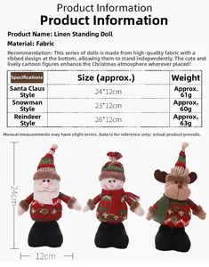 Detailed size specifications for standing Santa, Snowman, and Reindeer fabric plush dolls
