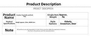 Specifications for creative tree cutlery bags including Santa and Snowman styles