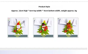 Christmas tree shaped cutlery holders with Santa, snowman and elk designs, 22cm size details