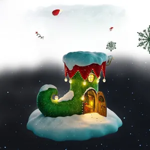 3D rendered green Christmas stocking house with glowing window and snow details