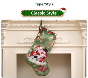 Close-up of green Christmas stocking with Santa Claus print hanging on fireplace