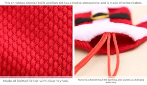 Detailed close-up of knitted Christmas Santa cutlery holders with festive red fabric texture