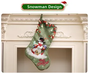 Detail of green burlap Christmas stocking with snowman illustration on a white fireplace