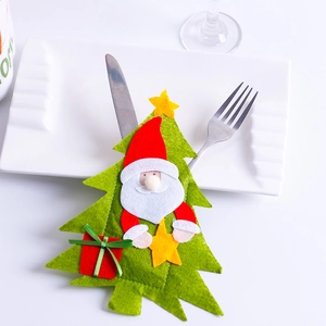 Christmas tree shaped cutlery holder with Santa Claus embroidery on green felt