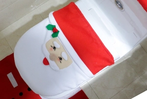 Housse de Abattant de WC Père Noël en Flanelle Brodée Décoration de Salle de Bain Noël Maison Hôtel Accessoire Fête Rouge Blanc