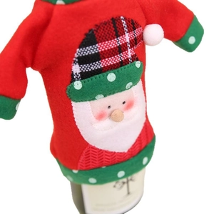 Christmas wine bottle cover featuring a red knit sweater with Santa Claus embroidery