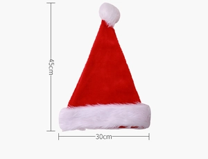 Detailed size view of red plush Santa hat showing 45cm height and 30cm width for adults