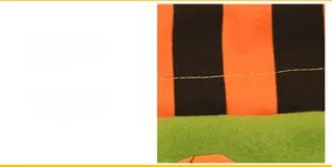 Detailed close-up showing yellow stitching on orange and black striped fabric bag