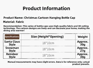 Detailed size chart for Christmas fabric wine bottle covers featuring Santa, snowman, and elk