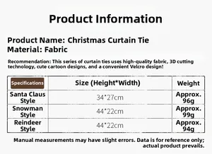 Detailed size chart for Christmas curtain buckles showing dimensions for Santa, Snowman and Elk