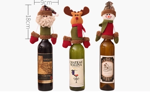 Three-piece Christmas wine bottle covers featuring Santa, reindeer, and snowman designs