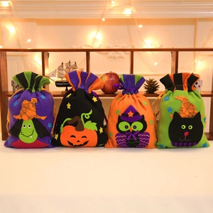 Halloween Candy Bag Brushed Fabric Drawstring Gift Pouch Pumpkin Witch Owl Black Cat For Holiday Party Favor Kid Gift Bag
