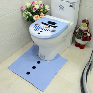 Blue Christmas snowman toilet seat cover and rug set for holiday bathroom decoration