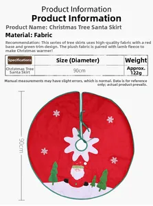 Size chart for 90cm Santa Claus Christmas tree skirt featuring dimensions and material details