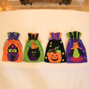 Halloween gift bags set with owl, black cat, pumpkin, and witch drawstring designs