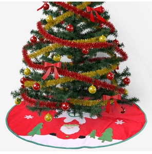 Red Christmas tree skirt featuring Santa Claus, green trees, and snowflakes decoration