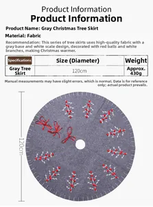 Detailed size chart for 120cm grey felt Christmas tree skirt with fabric specifications
