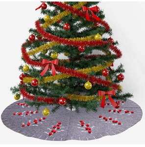 Detailed view of grey felt Christmas tree skirt with white embroidery and red pom-poms