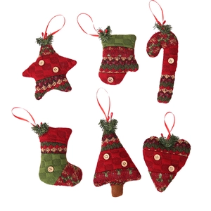 6-piece festive red and green knitted Christmas ornaments set with stockings and tree