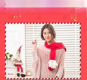 Detail of red Christmas knitted scarf featuring a 3D Santa Claus figure for holiday decor