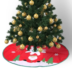 Classic red Christmas tree skirt with 3D Santa and green tree appliques for tree base decor