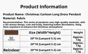 Detailed size chart for fabric Christmas ornaments featuring Santa, Snowman and Reindeer