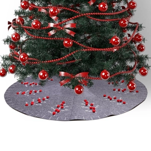 Grey Felt Christmas Tree Skirt With White Branch Embroidery And Red Pom Poms Berry Nordic Style Holiday Floor Decoration