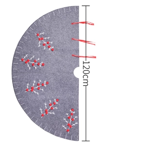 120cm grey felt Christmas tree skirt with white branch embroidery and red berry poms