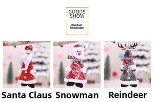 Detailed close-up of handmade Santa, Snowman and Reindeer plush Christmas tree ornaments