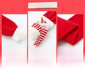 Macro detail of Christmas plush snowman with festive striped scarf and fuzzy red hat