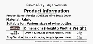 Size chart for Christmas faceless gnome wine bottle covers in red and grey fabric