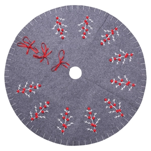 Grey felt Christmas tree skirt with white branch embroidery and red pom-pom berries