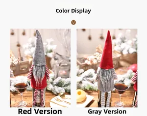 Detail of red and grey gnome wine bottle covers with long legs on a festive table